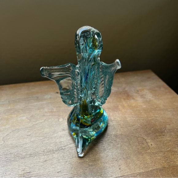 Handblown Glass Angel Praying Figurine Art Glass Blue Yellow Swirls - Picture 6 of 8